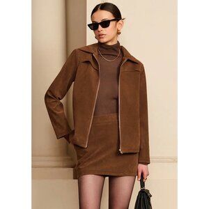 Commense Women's Faux Suede Bomber Jacket in Brown‎ Minimalist Outerwear Size XS